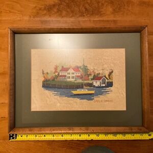 Vintage Cable Creek Framed Needlepoint Art, House Boat Scene,‎ Cottage Decor